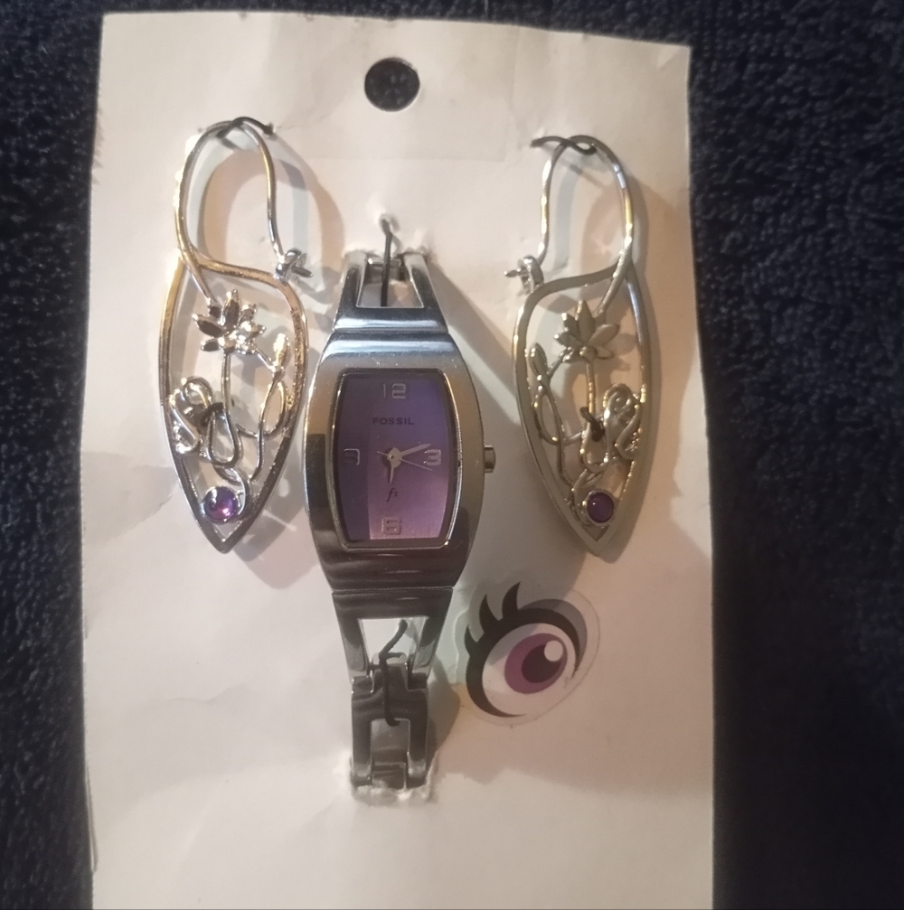 Vtg Fossil F2 Watch & Matching Silver Plated Lotus Earrings Purple/Silver Y2K